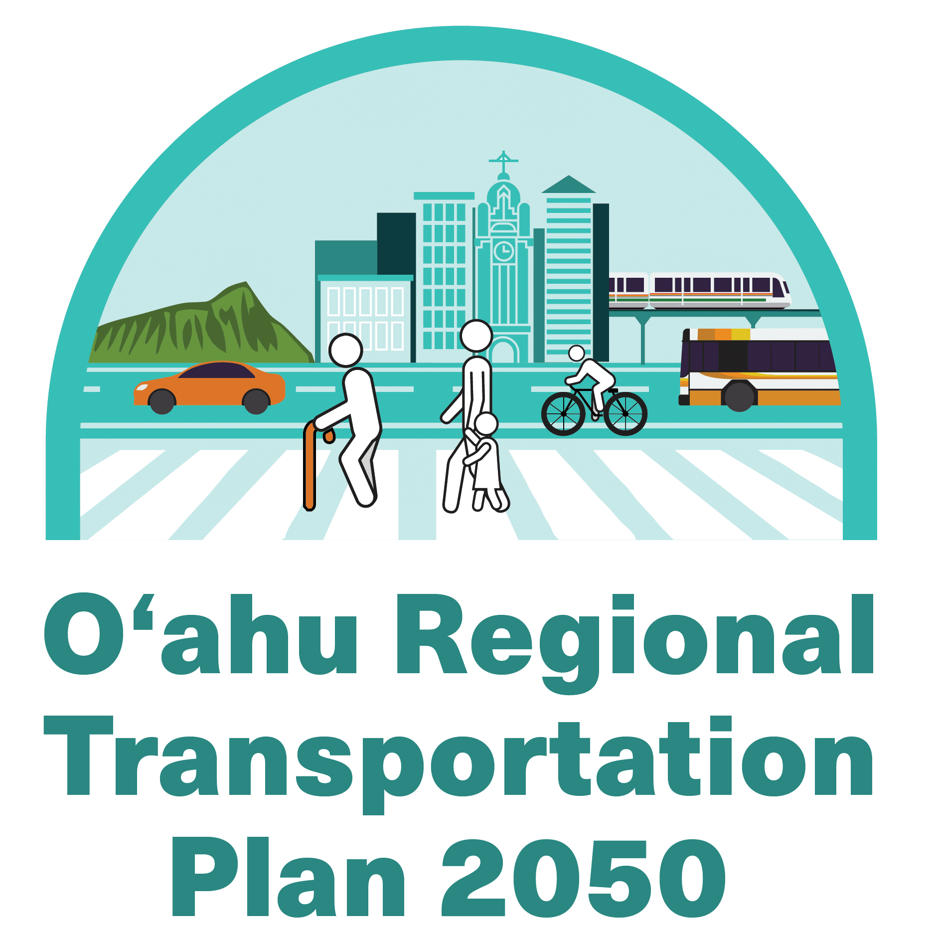 logo for the 2050 Oahu Regional Transportation Plan. Pedestrians, cyclist, car, bus, and rail with diamond head and Aloha tower in the background.