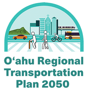 logo for the 2050 Oahu Regional Transportation Plan. Pedestrians, cyclist, car, bus, and rail with diamond head and Aloha tower in the background.