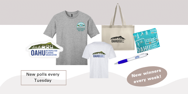 Various Oahu Metropolitan Planning Organization merchandise, including two T-shirts, two bags, a pen, and a sticker.